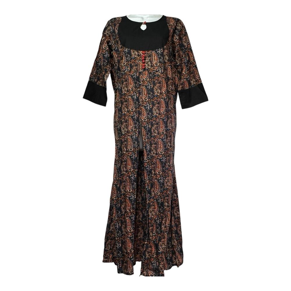 Jaipur Kurti Blue Multicolor Paisley Print Long Maxi Kurta tunic front slit L